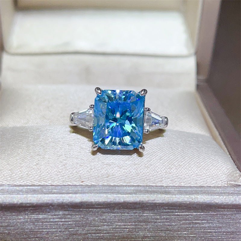 5 Carat Blue Moissanite Ring for Women, Radiant Cut Three-Stone Engagement Ring, U-Shaped Silver Tone Band – view 1