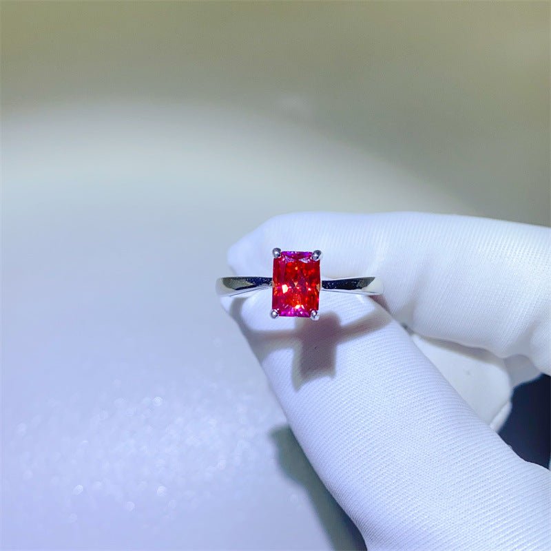 Red Radiant Cut Moissanite Ring for Women, Halo Style Rectangular Promise Engagement Ring – view 1