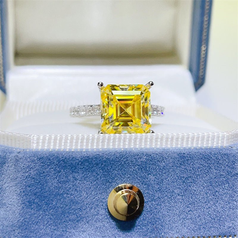 Yellow Asscher Cut Moissanite Ring for Women, Square Halo Style Engagement Ring, 1 to 5 Carat Look, Pavé Band – view 1