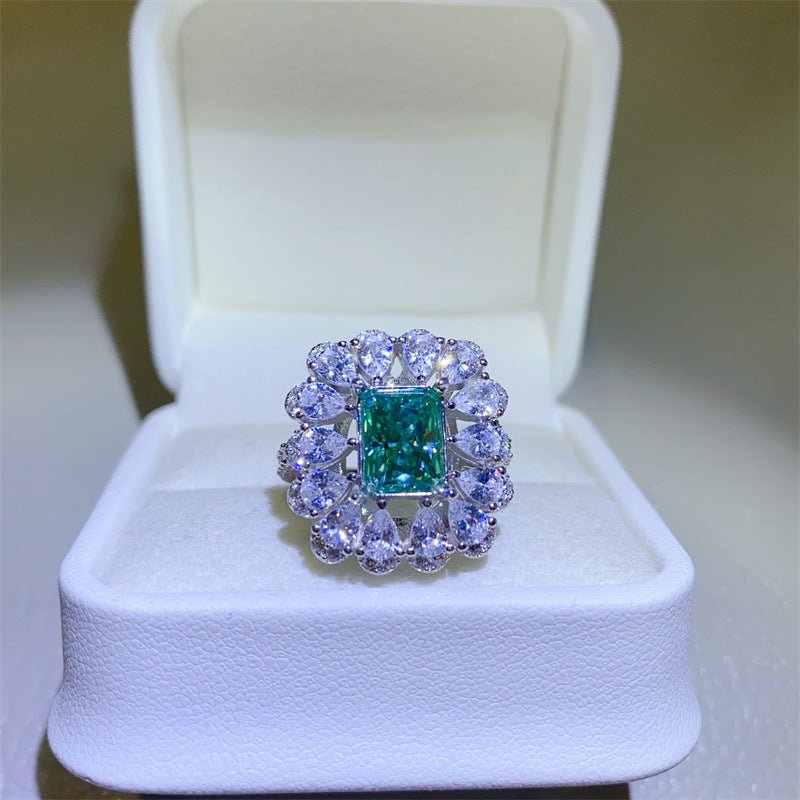 Green Moissanite Halo Ring for Women, Rectangular Geometric Statement Engagement Ring, 1 Carat 2 Carat 3 Carat – view 1