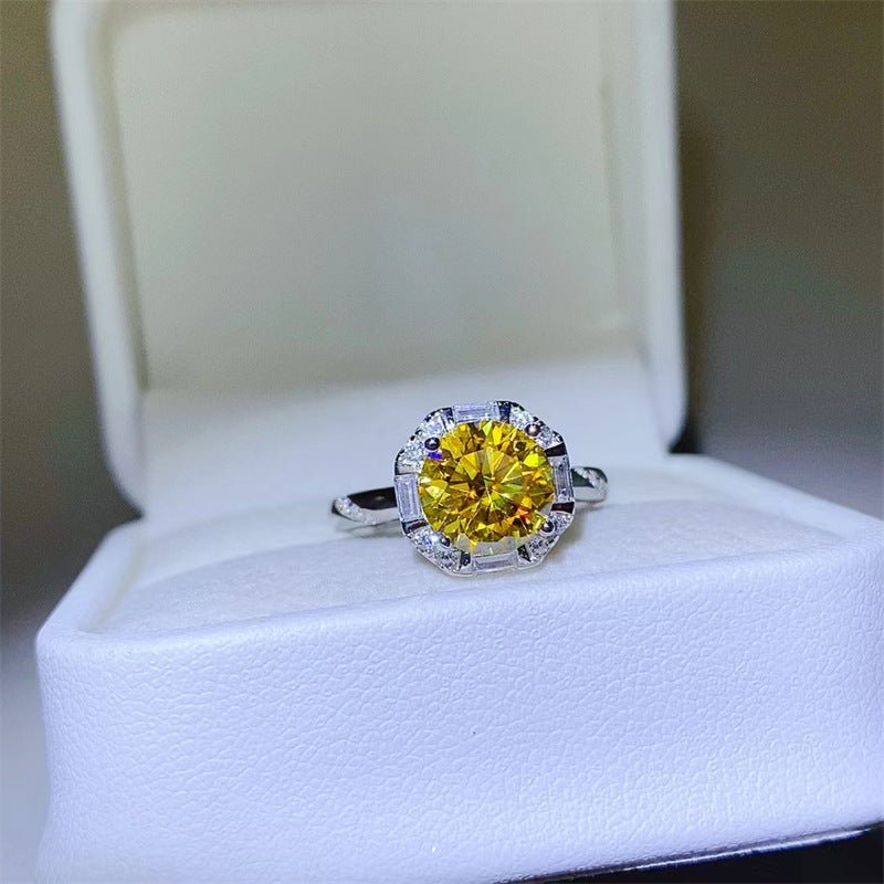 Yellow Moissanite Halo Ring for Women, Round Cut Geometric Engagement Ring, 1 Carat or 2 Carat – view 1