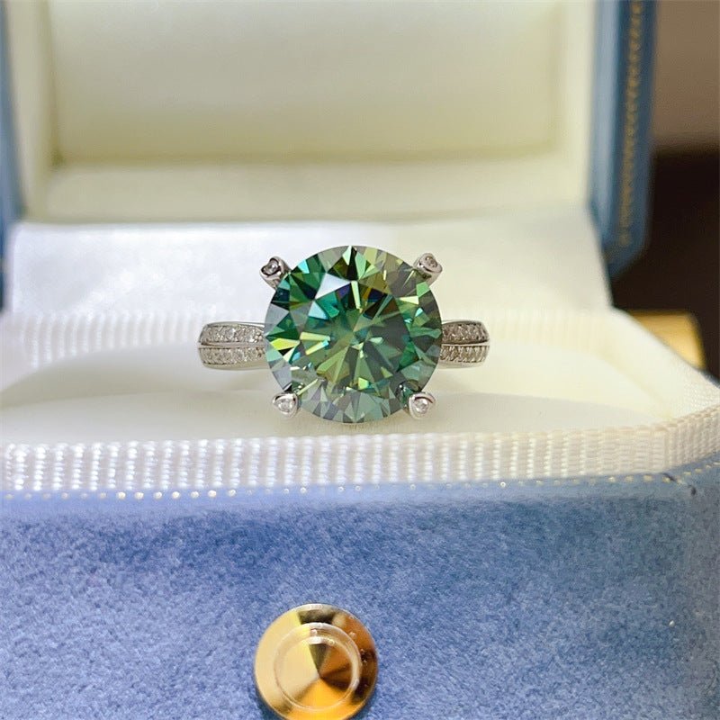 5 Carat Green Moissanite Ring for Women, Four-Prong Round Solitaire Engagement Ring with Pavé U-Shaped Band – view 1