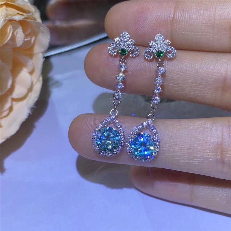 Moissanite Drop Earrings, Floral Teardrop Dangle Earrings with Green Accent – view 1