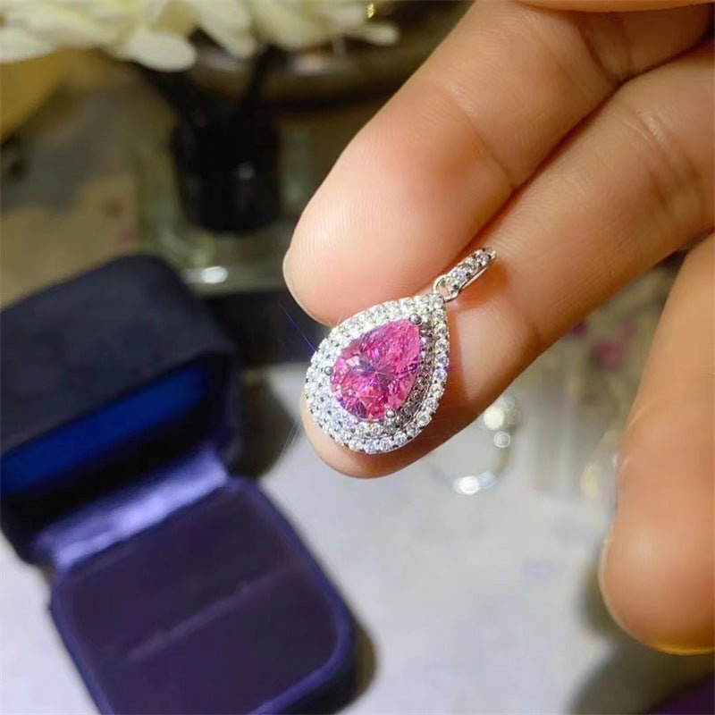 Pink Pear-Shaped Moissanite Pendant Necklace with Halo Chain, 1 Carat or 2 Carat – view 1