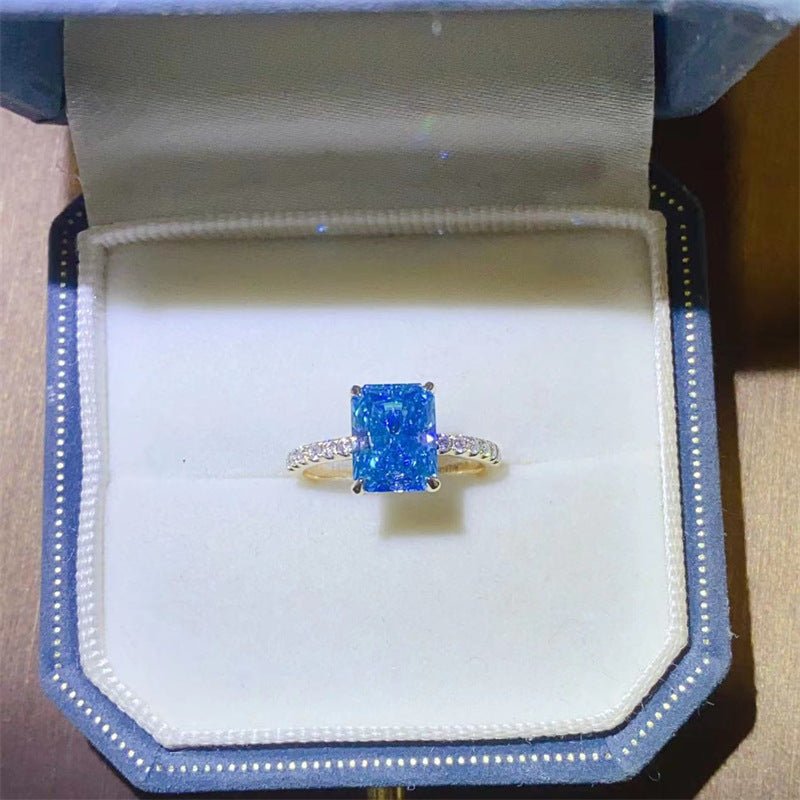 Blue Radiant Cut Moissanite Ring for Women, Micro Pave Engagement Ring, Rectangular Solitaire Promise Ring – view 1