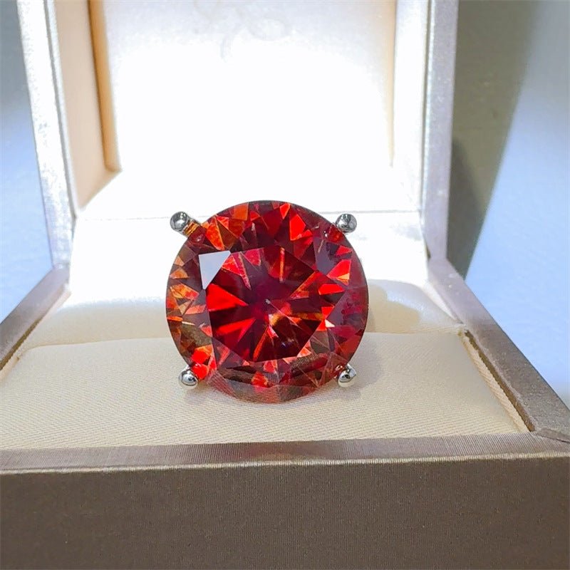 Red Moissanite Ring for Women - 20 Carat Round Solitaire Engagement Ring, Geometric U-Shape Statement Ring – view 1