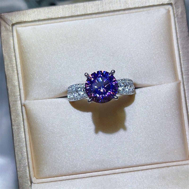 Purple Moissanite Ring for Women, Round Cut Engagement Ring with Pavé Band – view 1