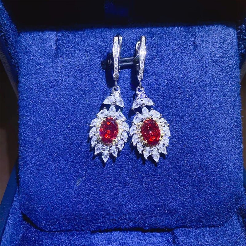 Red Moissanite Halo Drop Earrings, Oval Cut Dangle Earrings in Silver Tone – view 1