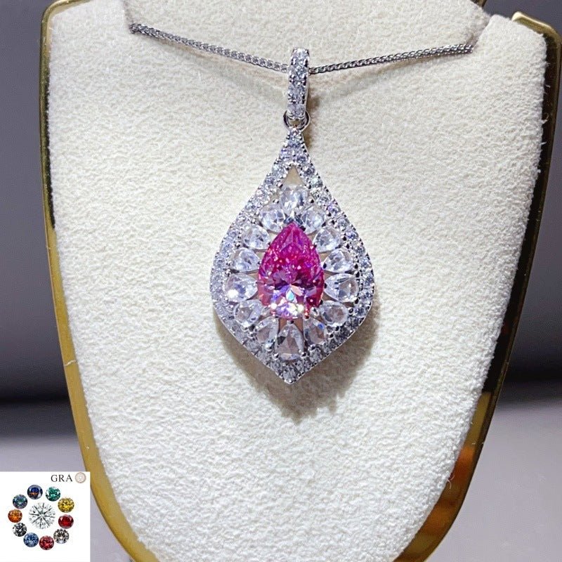 Pear Cut Moissanite Halo Pendant Necklace for Women, Teardrop Pavé Statement Necklace, Pink Center Stone Jewelry Gift – view 1