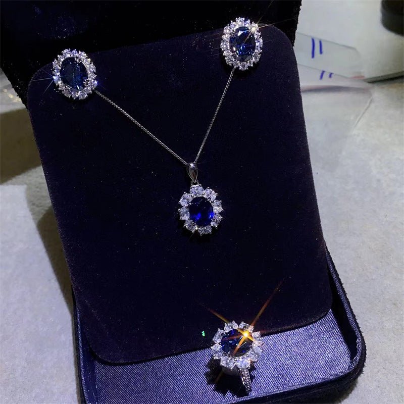 Blue Moissanite Jewelry Set, Oval Pendant Necklace, Stud Earrings & Ring, Matching Gift Set – view 1