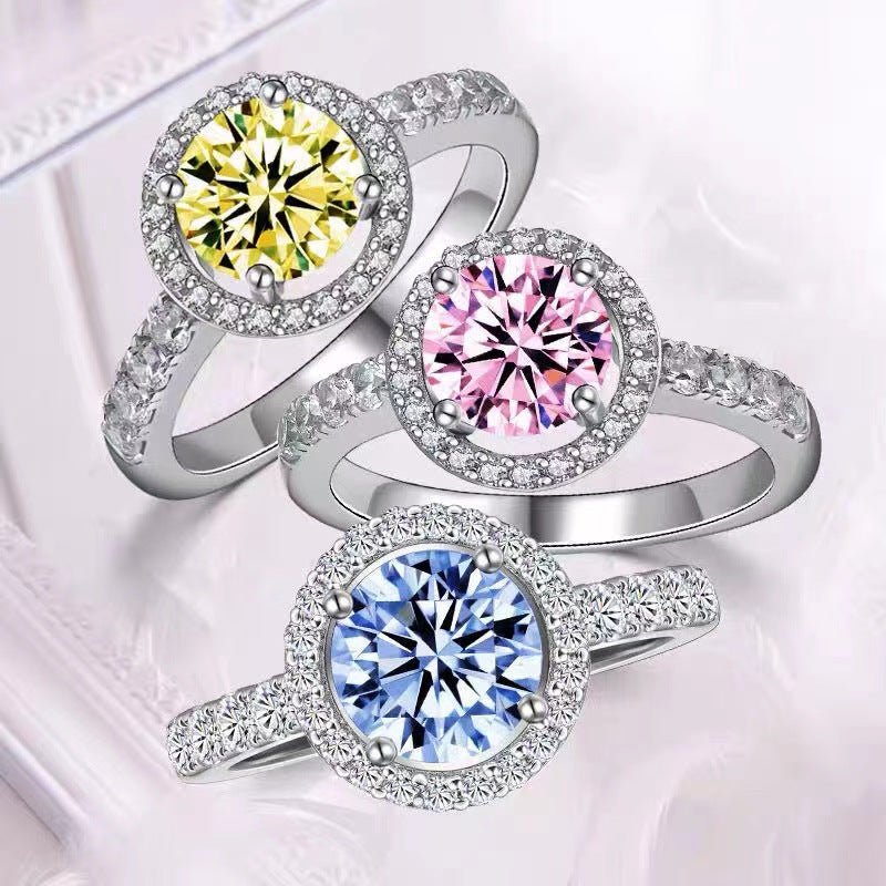 Round Halo Moissanite Ring for Women, Color Center Stone Engagement Ring, 0.5 to 2 Carat Look, White Pink Yellow Blue – view 1