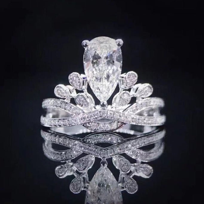 Pear Cut Moissanite Crown Ring for Women, Halo Engagement Ring, 1 Carat or 2 Carat – view 1