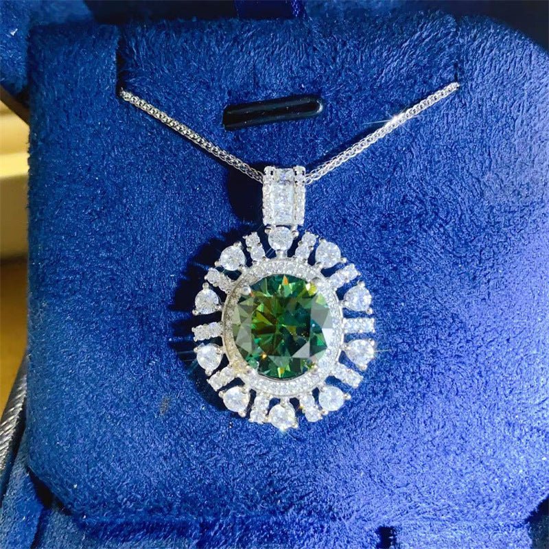 Green Moissanite Halo Pendant Necklace with Chain, 5 Carat Oval Sunburst Drop Necklace for Women – view 1