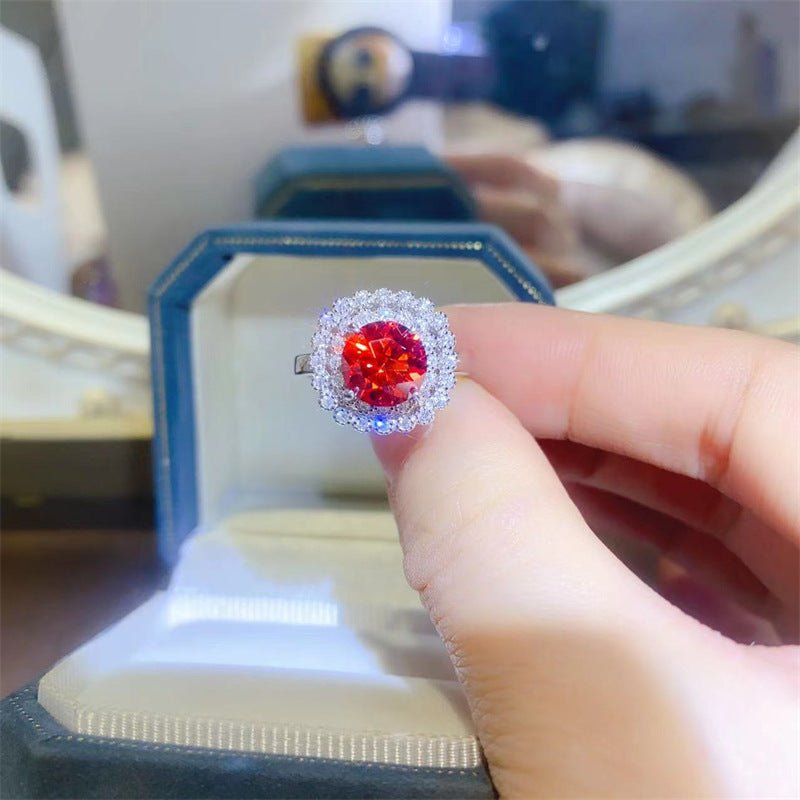 Red Halo Moissanite Ring for Women, Round Cut Statement Ring, Size 9-20 – view 1