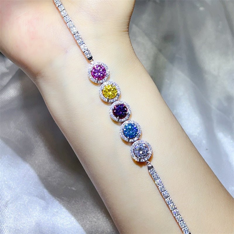Colored Moissanite Tennis Bracelet with Round Halo Links for Women – view 1
