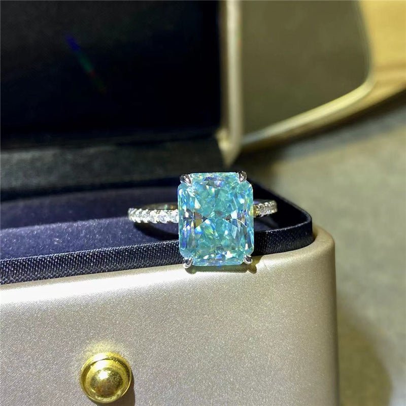 Mint Green Moissanite Ring for Women, Elongated Rectangular Stone Engagement Ring, Pave Band Promise Ring, 1 Carat 2 Carat 3 Carat 5 Carat – view 1