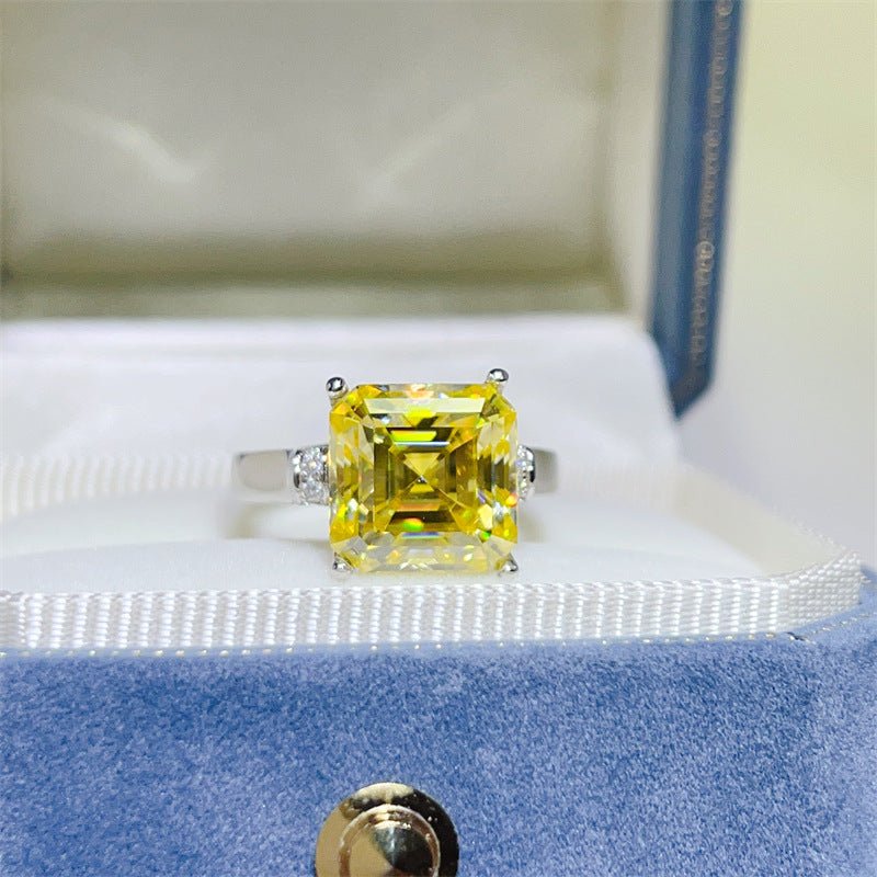 Yellow Asscher Cut Moissanite Ring for Women, Square Solitaire Style Engagement Ring with Side Accents – view 1