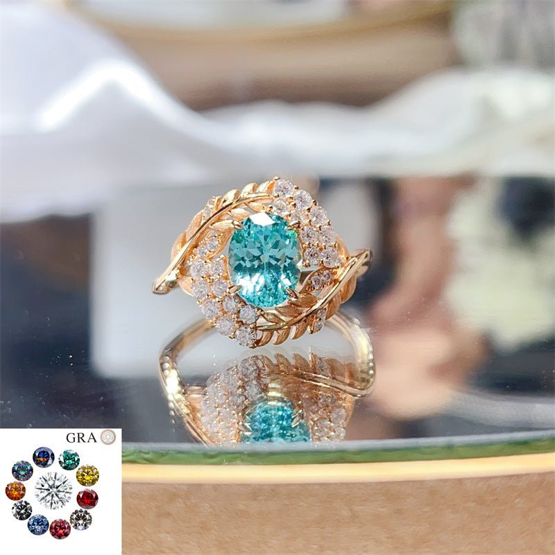 Blue Moissanite Leaf Halo Ring for Women, Oval Stone Statement Ring, U-Shape Fashion Ring – view 1