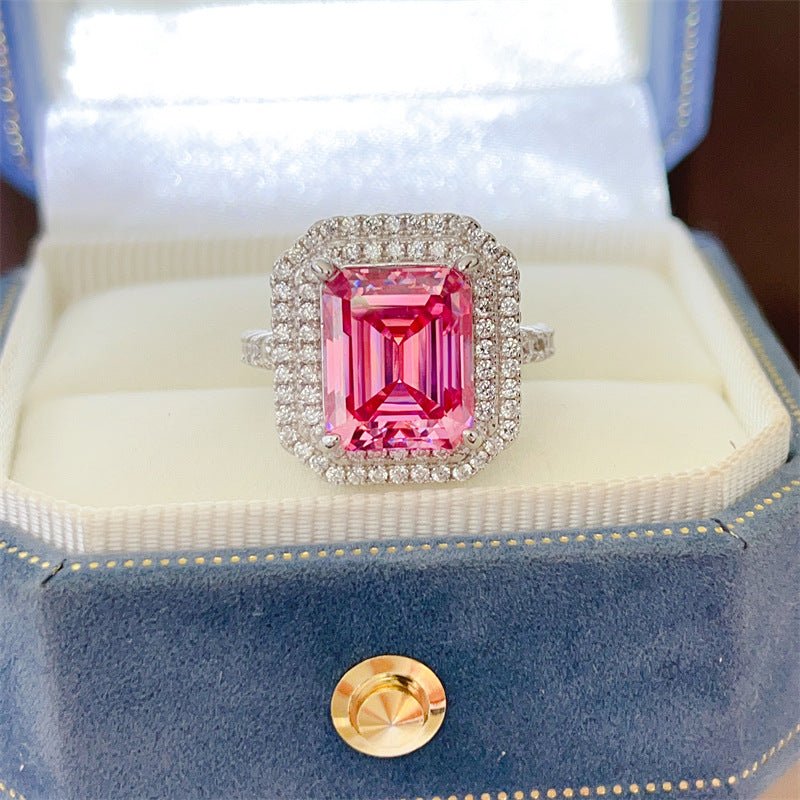5 Carat Moissanite Halo Ring for Women, Emerald Cut Pink Statement Engagement Ring – view 1