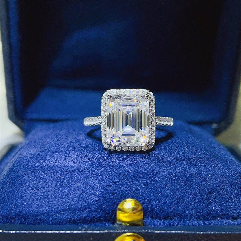 Emerald Cut Halo Moissanite Ring for Women, Geometric Engagement Ring – view 1