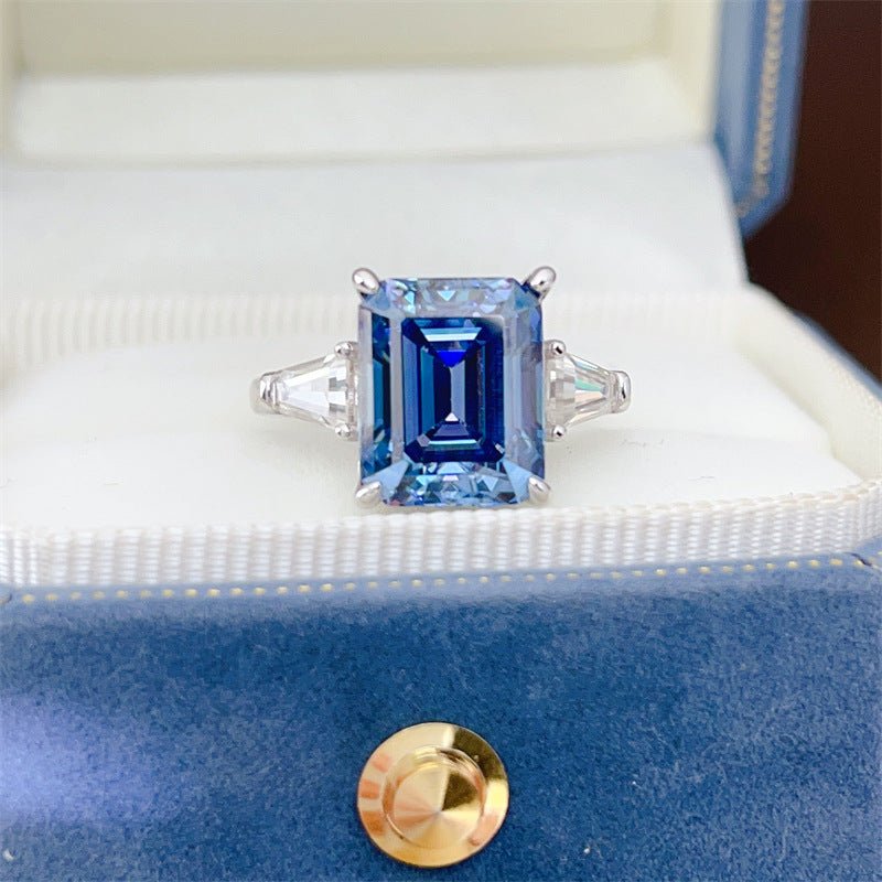 5 Carat Blue Moissanite Ring for Women, Emerald Cut Three Stone Engagement Ring – view 1