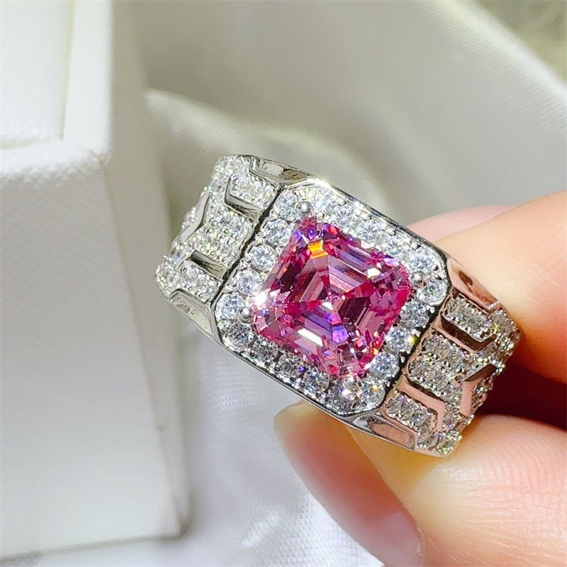 Pink Asscher Cut Moissanite Ring with Halo Pavé Band – view 1
