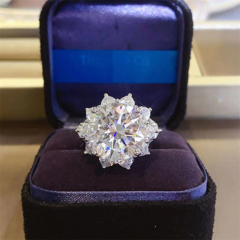 Moissanite Halo Ring for Women, 3 Carat or 10 Carat Flower Cluster Engagement Ring, White-Tone U-Shaped Band – view 1