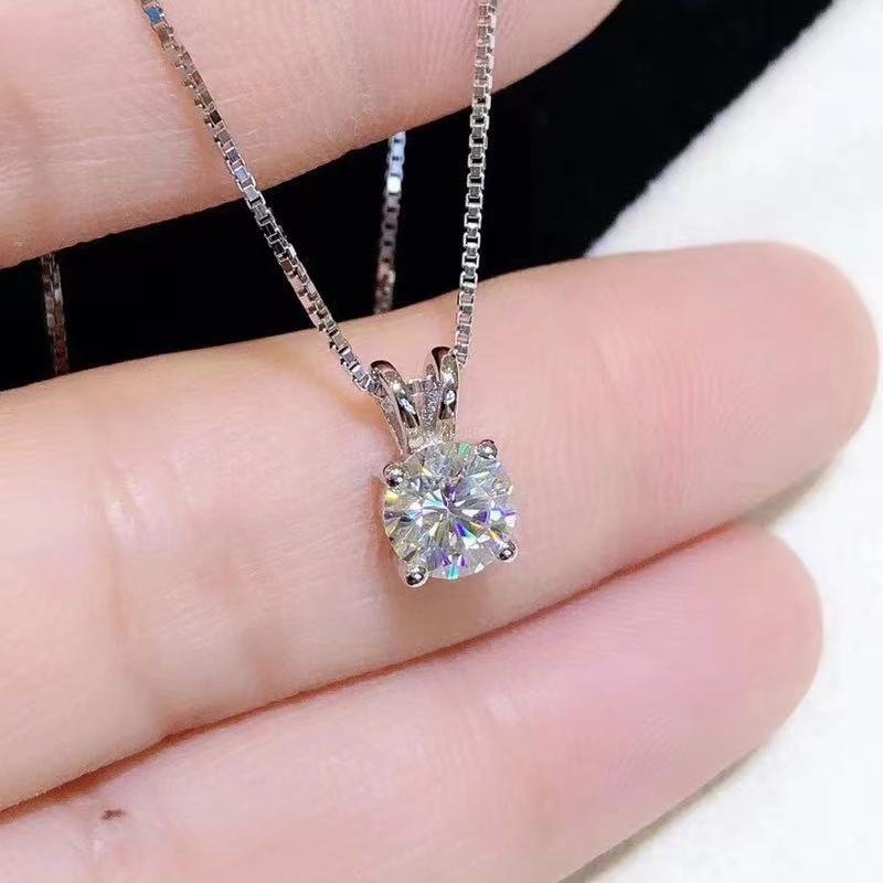 Moissanite Round Solitaire Pendant Necklace, Four-Prong, Silver-Tone Box Chain – view 1