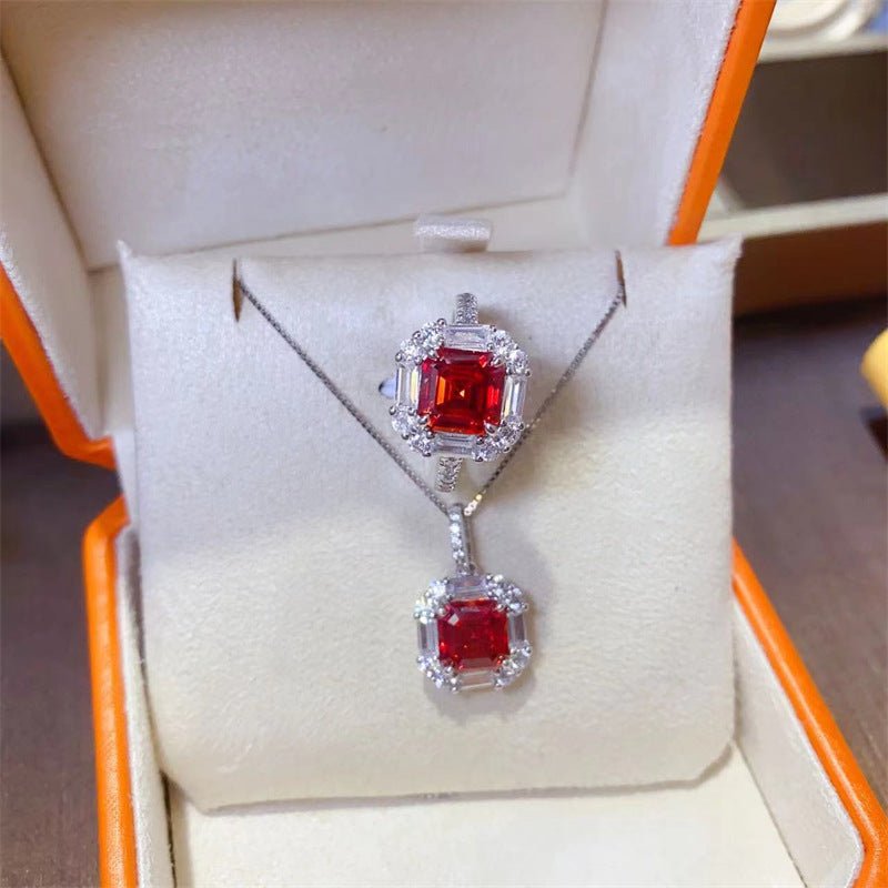 Red Asscher Cut Moissanite Pendant Necklace or Ring, Halo Pavé Jewelry Gift for Women – view 1