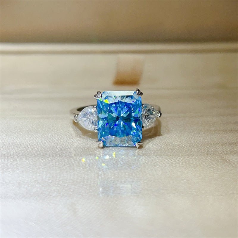 Blue Radiant Cut Moissanite Ring for Women, Geometric Three Stone Engagement Ring – view 1