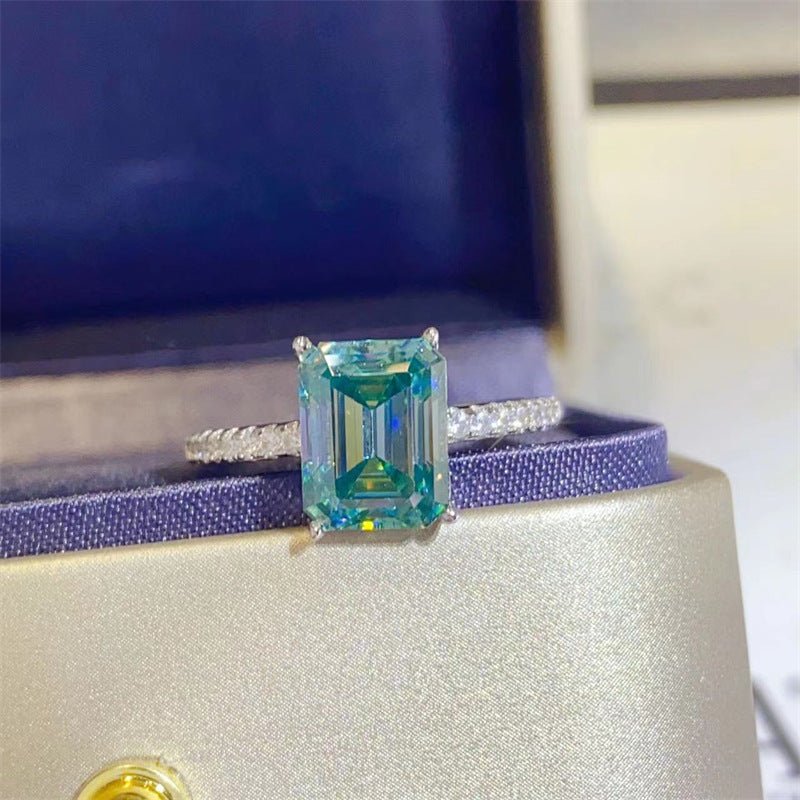 Emerald Cut Green Moissanite Ring for Women – Pave Band Engagement Style Ring, 1Ct 2Ct 3Ct 5Ct, Sizes 8-19 – view 1