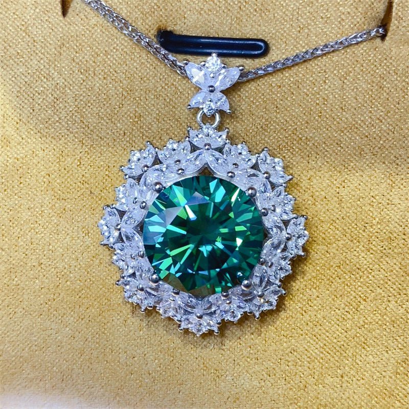 10 Carat Green Moissanite Pendant Necklace with Halo Floral Setting – view 1