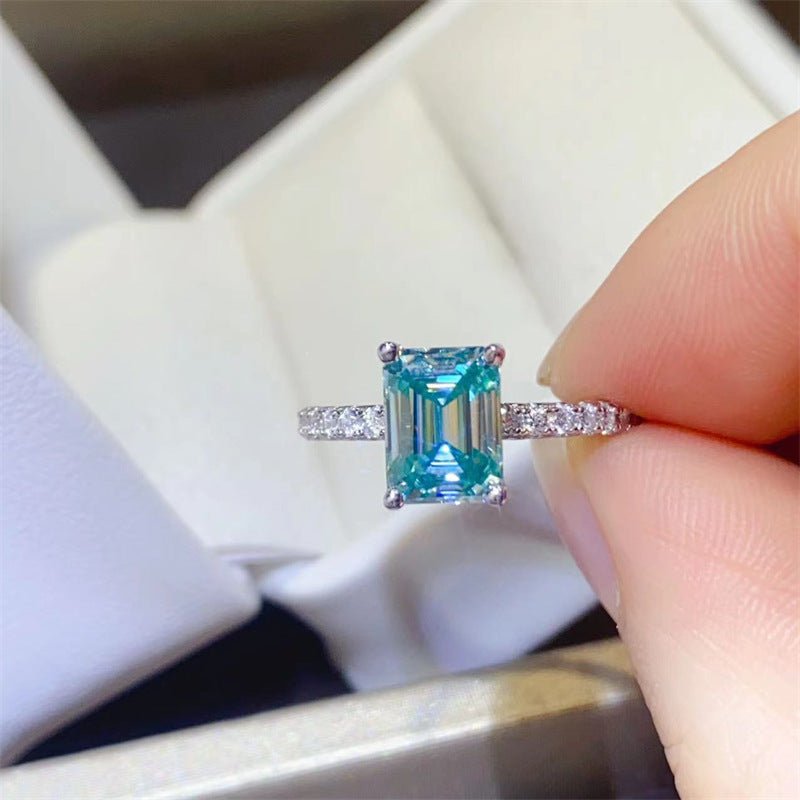 Green Emerald Cut Moissanite Ring for Women, Geometric U-Shape Pavé Band Promise Engagement Ring – view 1