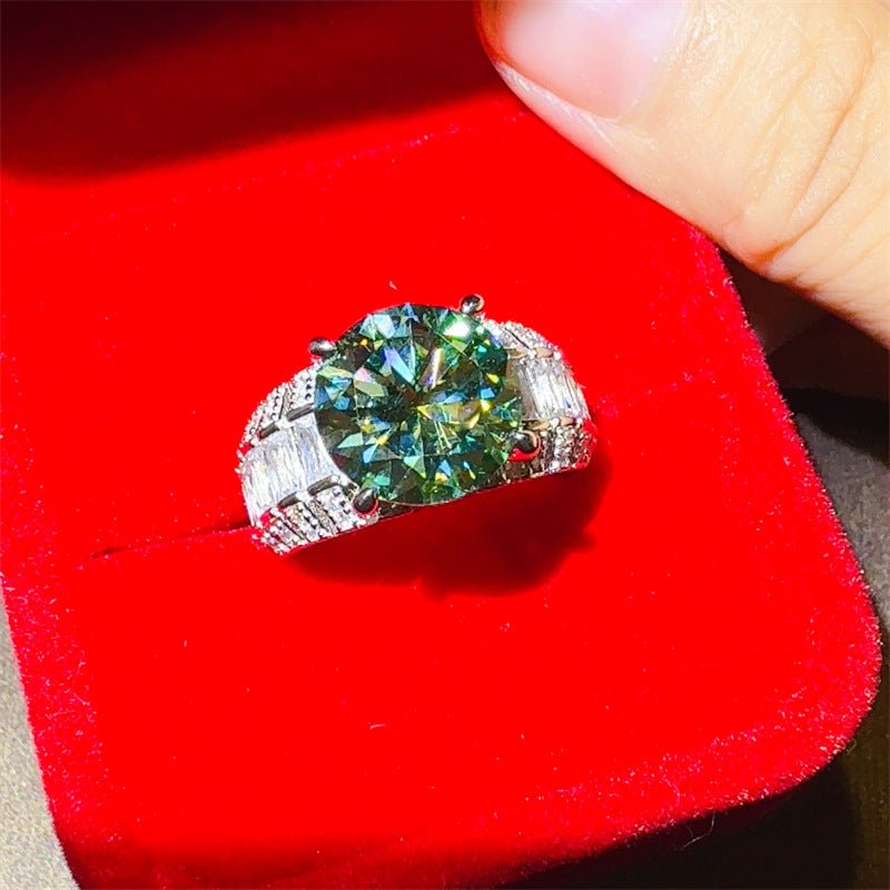 5 Carat Green Moissanite Ring for Women, Round Halo Engagement Ring with Baguette Side Stones, Floral-Inspired Promise Wedding Ring – view 1