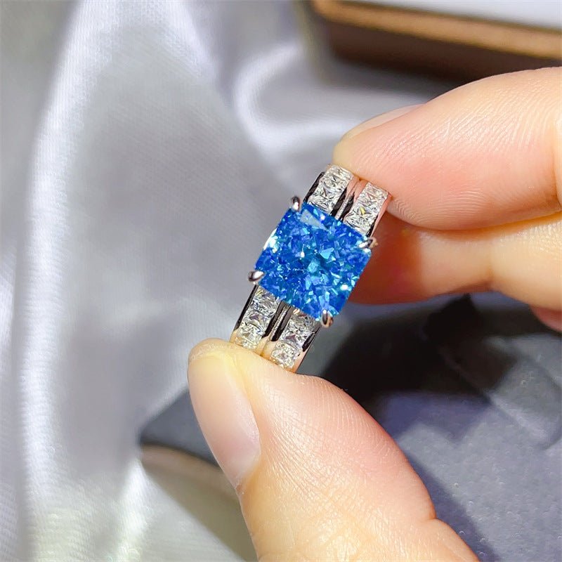 Blue Moissanite Ring with Wide Double Band Statement Ring – view 2