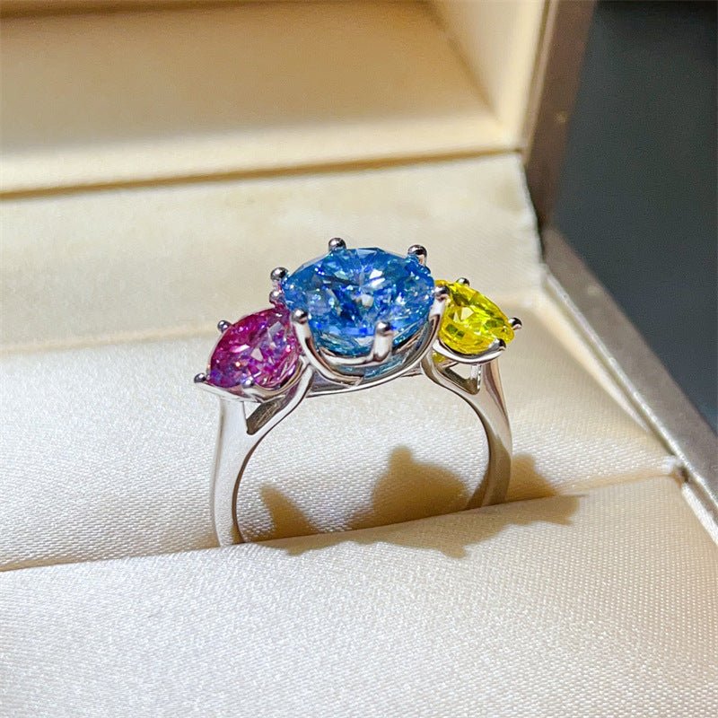 5 Carat Multicolor Three-Stone Moissanite Ring for Women, Blue Center with Pink and Yellow Side Stones – view 2