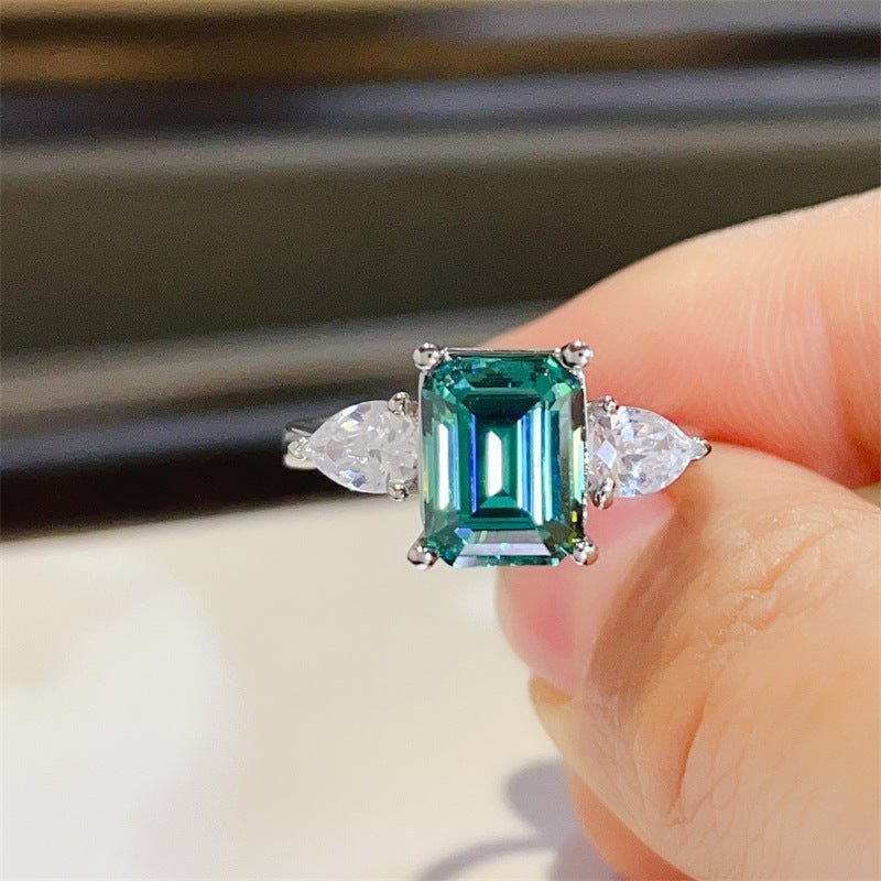 Green Moissanite Three Stone Ring for Women, Emerald Cut Promise Engagement Ring – view 2