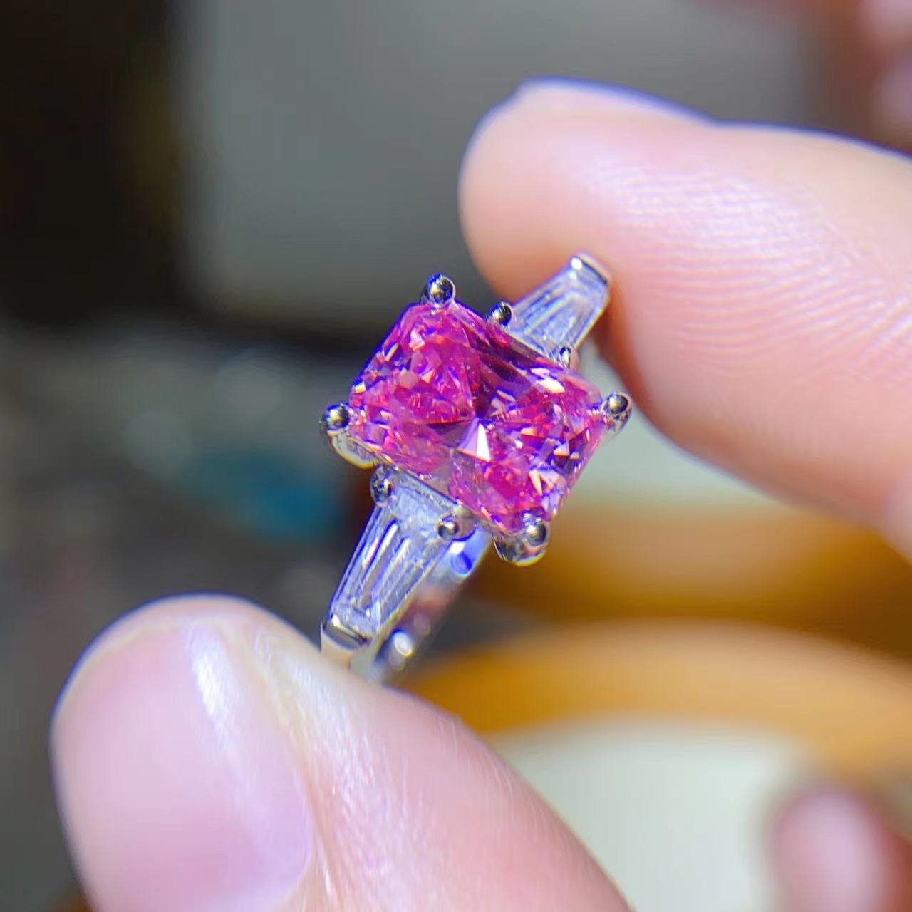 Pink Rectangular Moissanite Ring, AU750 White Gold Split Shank Engagement Ring – view 2