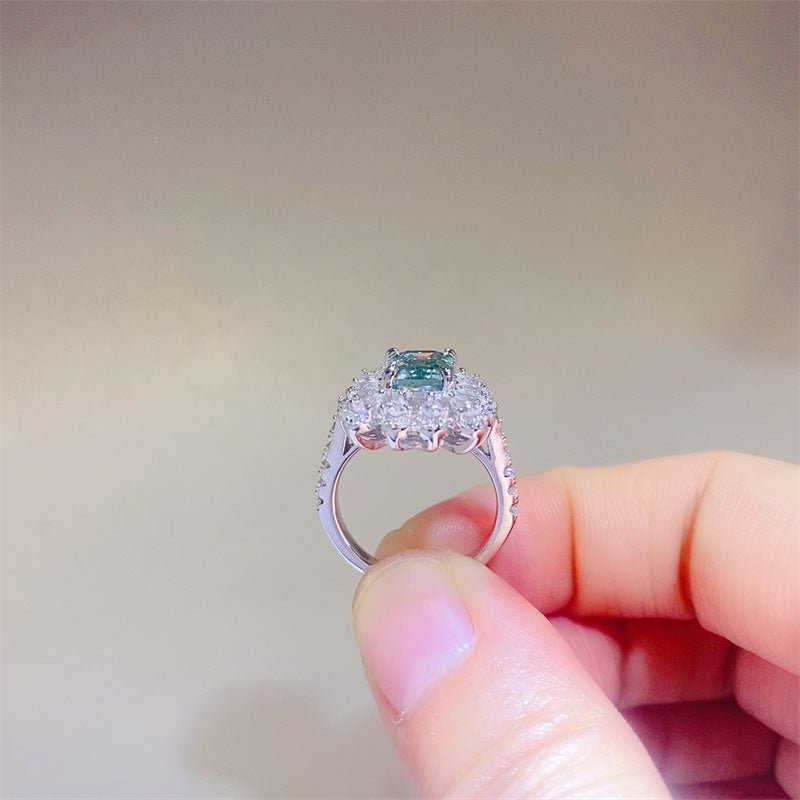 Green Emerald Cut Moissanite Halo Ring for Women, Geometric Statement Engagement Ring, 1 Carat 2 Carat 3 Carat – view 2