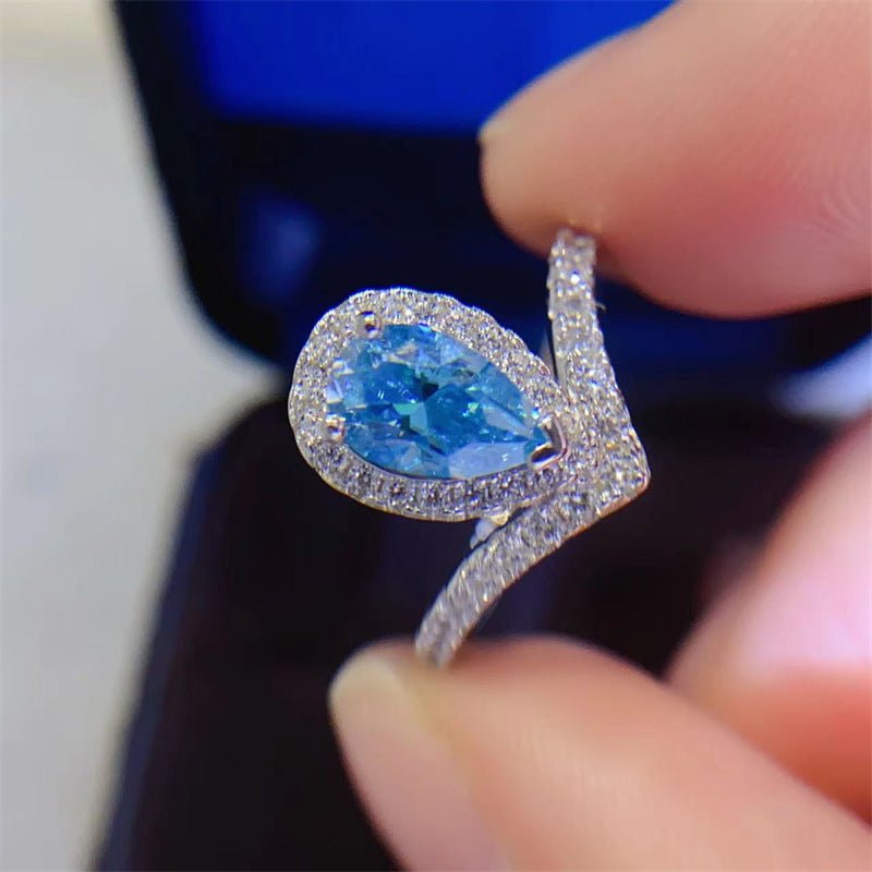 Blue Moissanite Halo Ring for Women, Pear Cut V-Shape Band, Promise & Engagement Style – view 2
