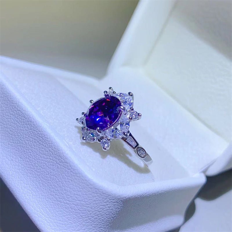 Purple Oval Moissanite Ring for Women, 2 Carat Halo Engagement Ring, U-Shaped Statement Ring – view 2