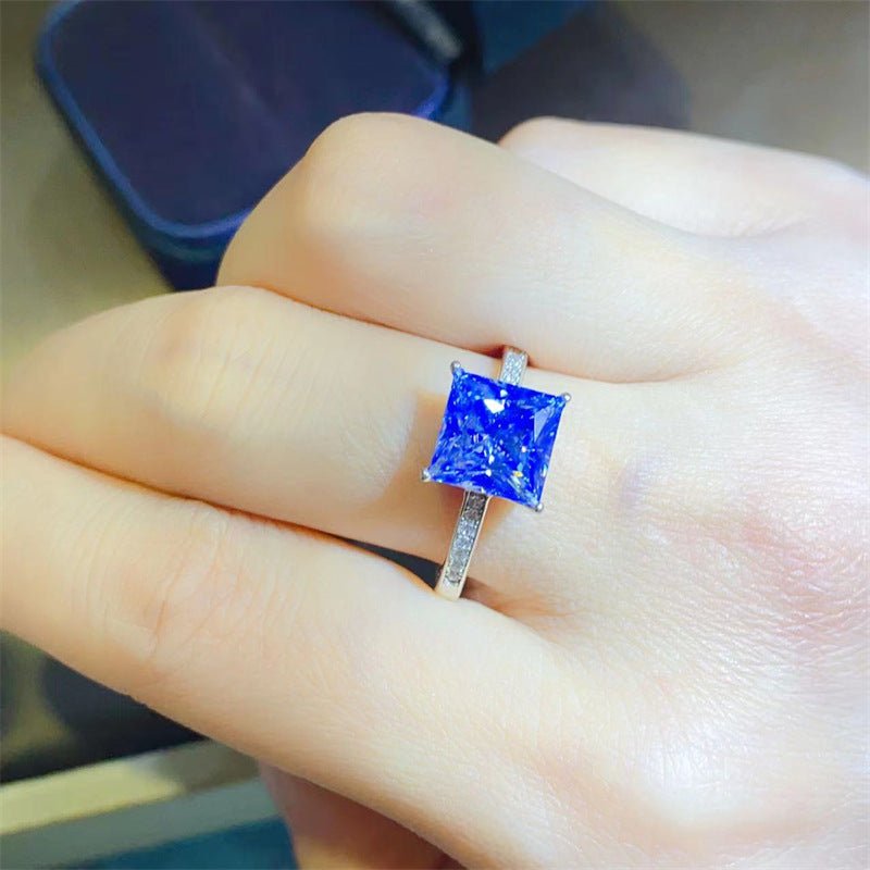 Blue Square Cut Moissanite Ring with Pave Band, Engagement Ring for Women – view 2