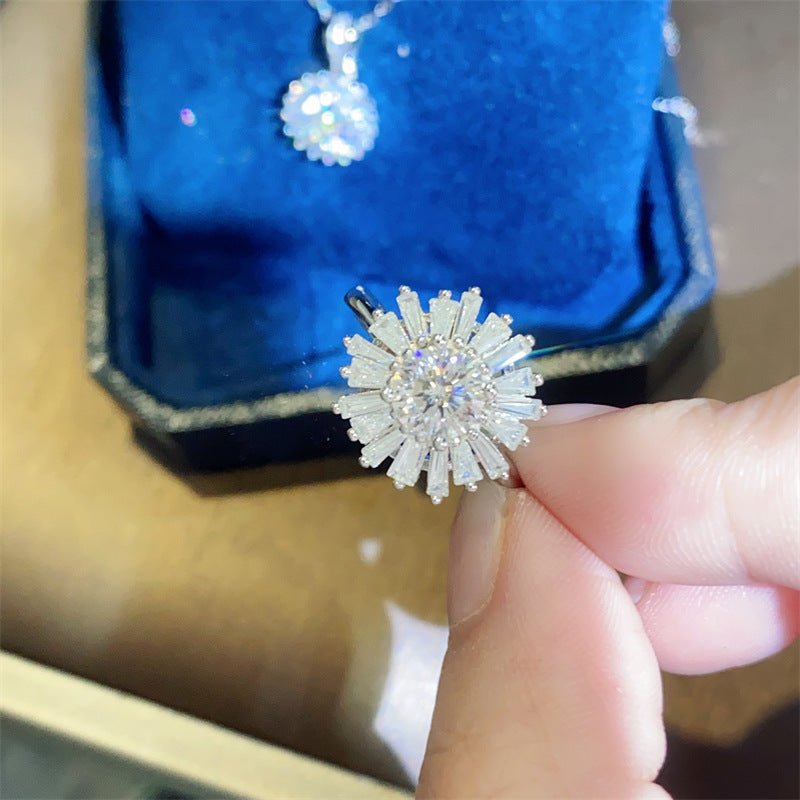 Moissanite Sunflower Jewelry Set Necklace Pendant Ring Stud Earrings Geometric Halo Gift Set for Women – view 2
