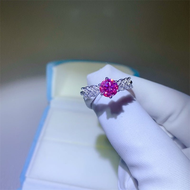 Pink Moissanite Ring for Women, Round Cut Promise Engagement Ring with Lucky Motif Side Detail – view 2