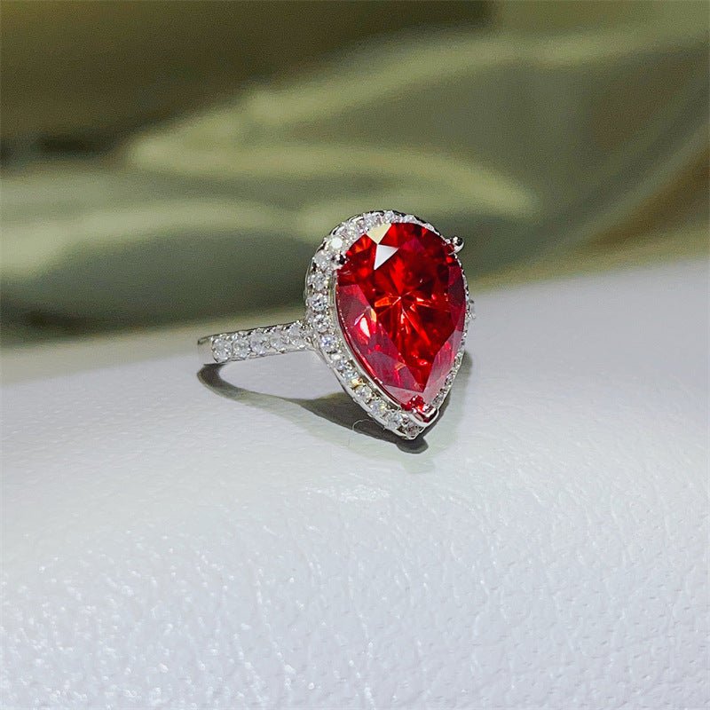 Red Pear Cut Moissanite Halo Ring for Women, Geometric Pavé Style, US Sizes 4-9 – view 2