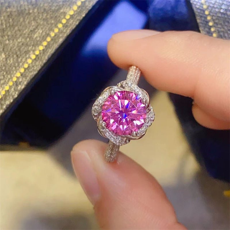 Pink Moissanite Halo Ring for Women, Floral U-Shape Engagement Promise Ring, 1 Carat or 2 Carat – view 2