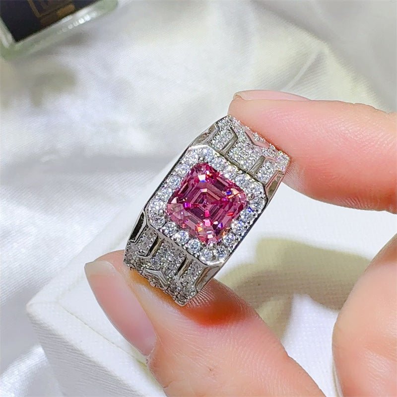Pink Asscher Cut Moissanite Ring with Halo Pavé Band – view 2