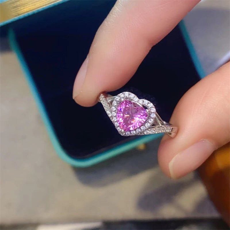 Pink Heart Moissanite Halo Ring, Twisted Band Promise Engagement Ring – view 2