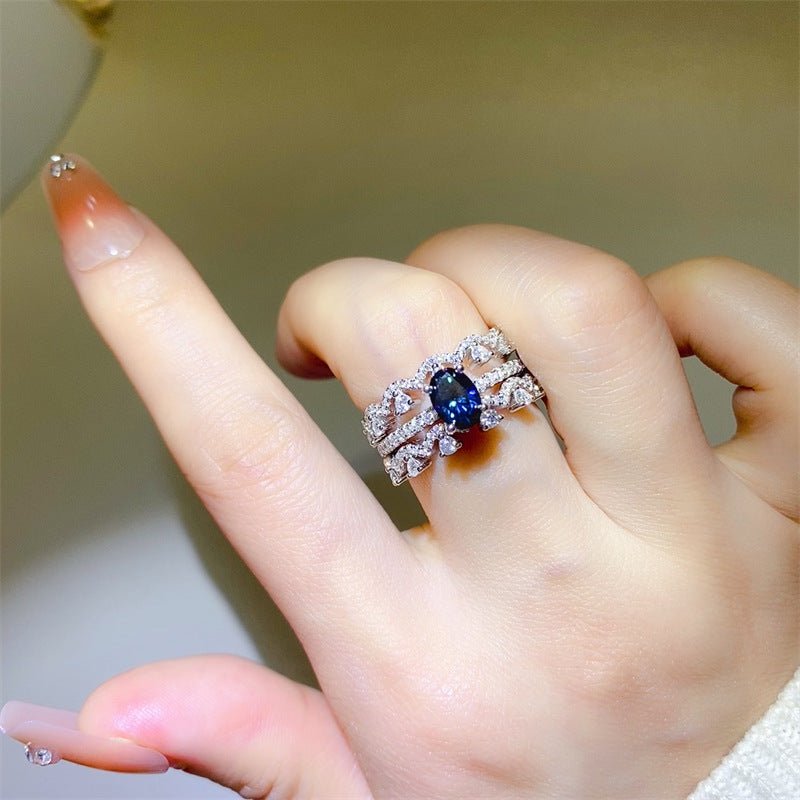 Blue Oval Moissanite Ring Set for Women, Geometric Statement Engagement Ring Style, 3 Piece Stackable Ring – view 2