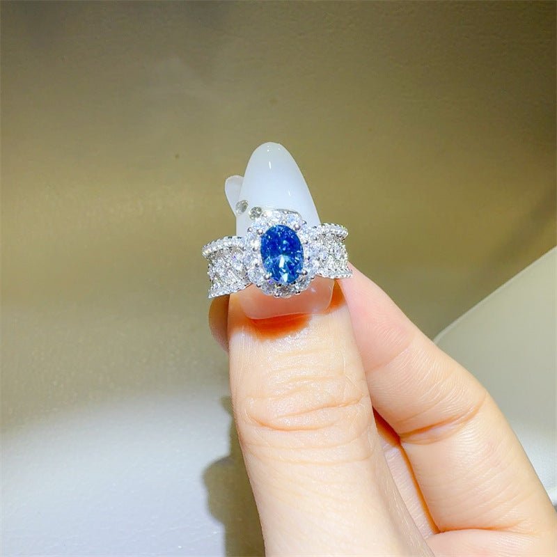 Blue Moissanite Halo Ring for Women, 1 Carat Oval Statement Engagement Ring, Geometric Pave Band – view 2